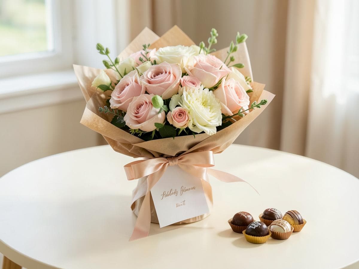 Gift-wrapped bouquet with a greeting card and chocolates