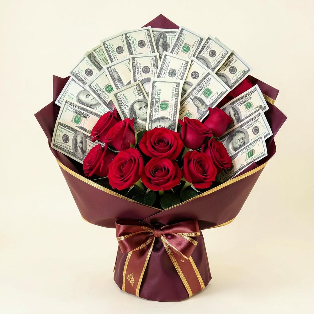 Money bouquet made from folded notes and red roses